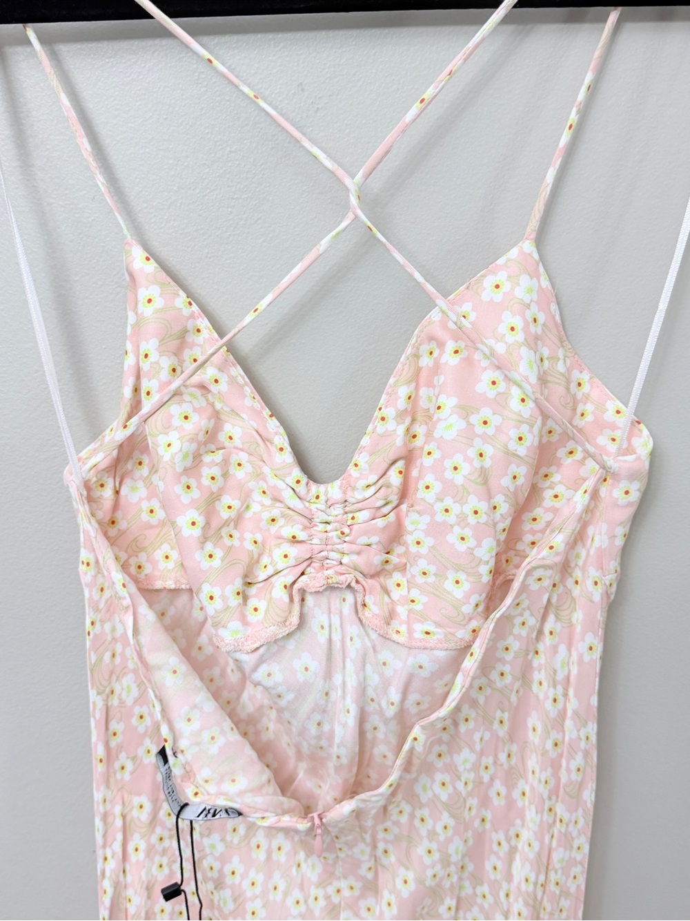 Zara Pink Daisy Floral Slip Maxi Dress Ruched Tie Front Satin size L - Picture 6 of 7